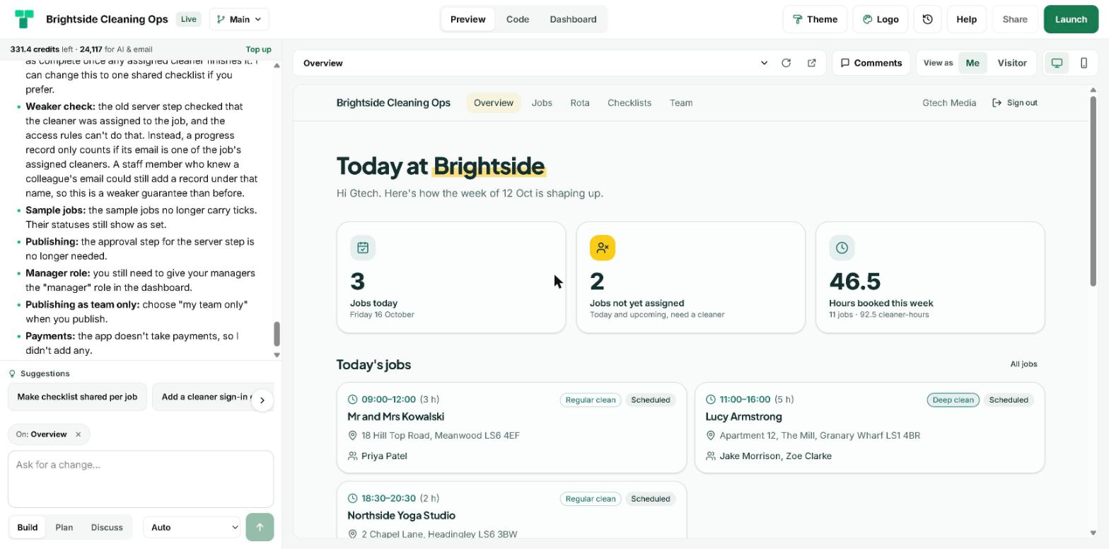 The TypeAnApp builder showing the Brightside overview in the preview and the builder's notes about the weaker check, manager roles and team-only publishing in the chat.