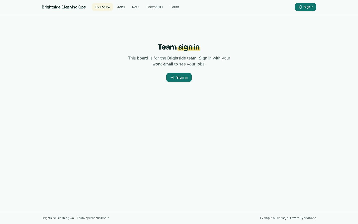The public Brightside page: a "Team sign in" message asking staff to sign in with their work email.
