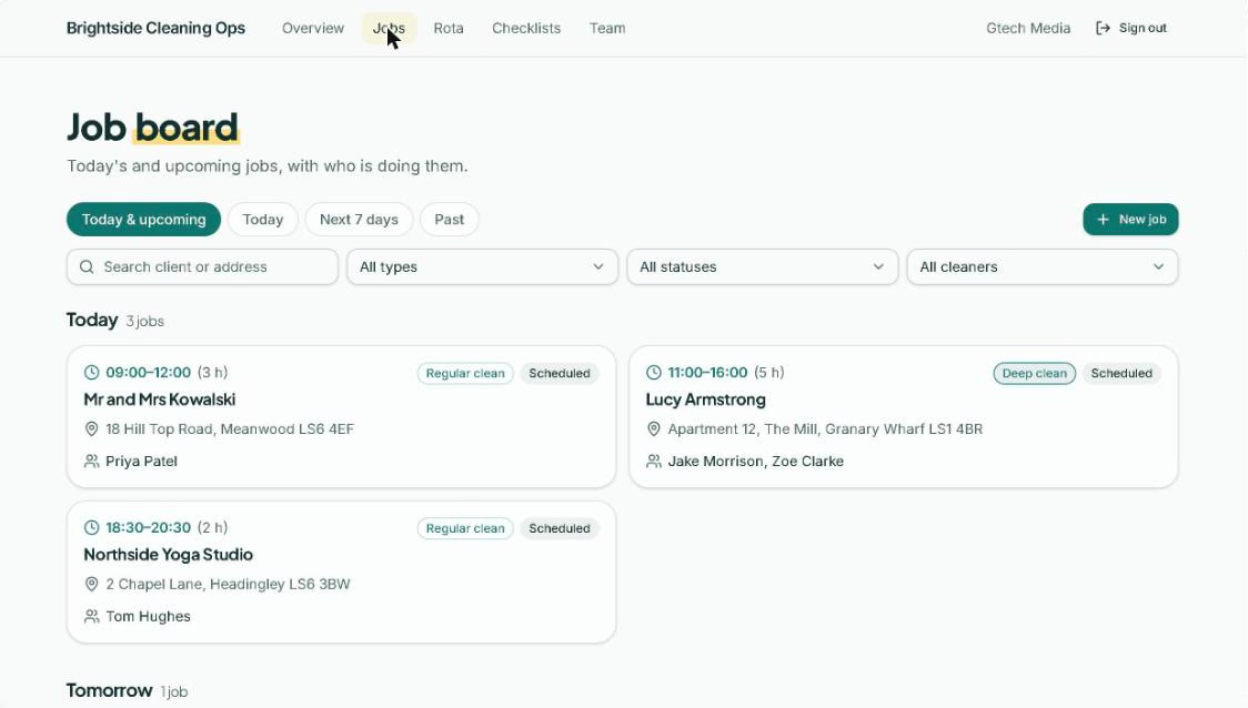 The Job board with Today and upcoming selected, filters for type, status and cleaner, and three job cards for today.