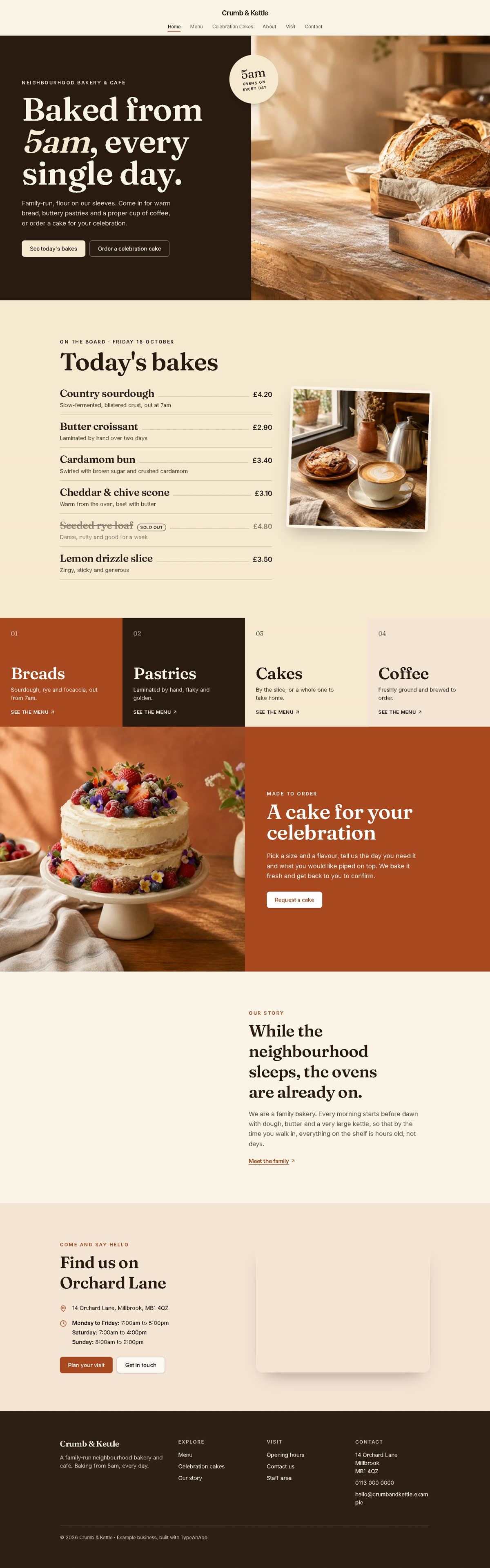 The whole Crumb & Kettle homepage: the 5am hero with a bread photo, the Today's bakes board, four menu blocks, the celebration cake panel, the family story and the visit panel.