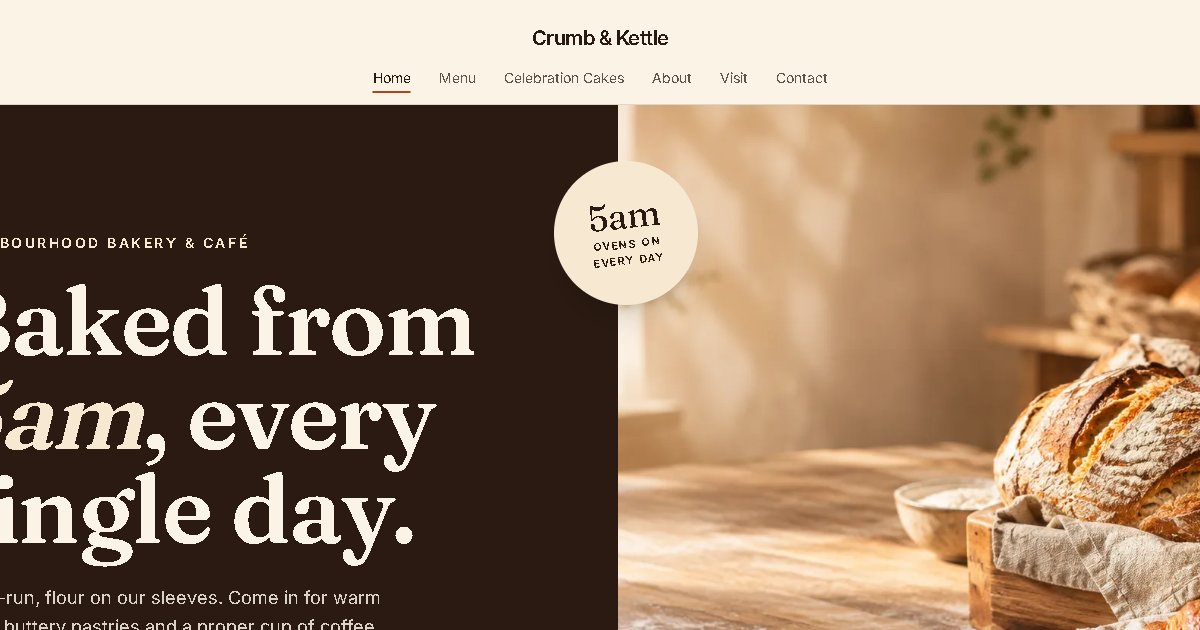 The Crumb & Kettle homepage in warm espresso, terracotta and wheat-gold blocks with a large "5am" motif.