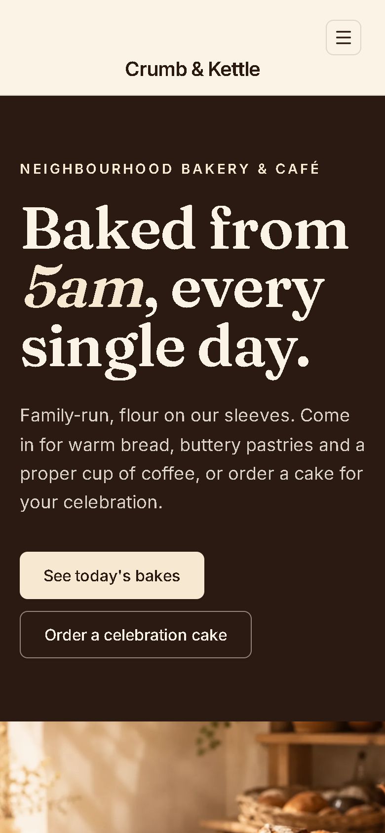 The Crumb & Kettle homepage on a phone.