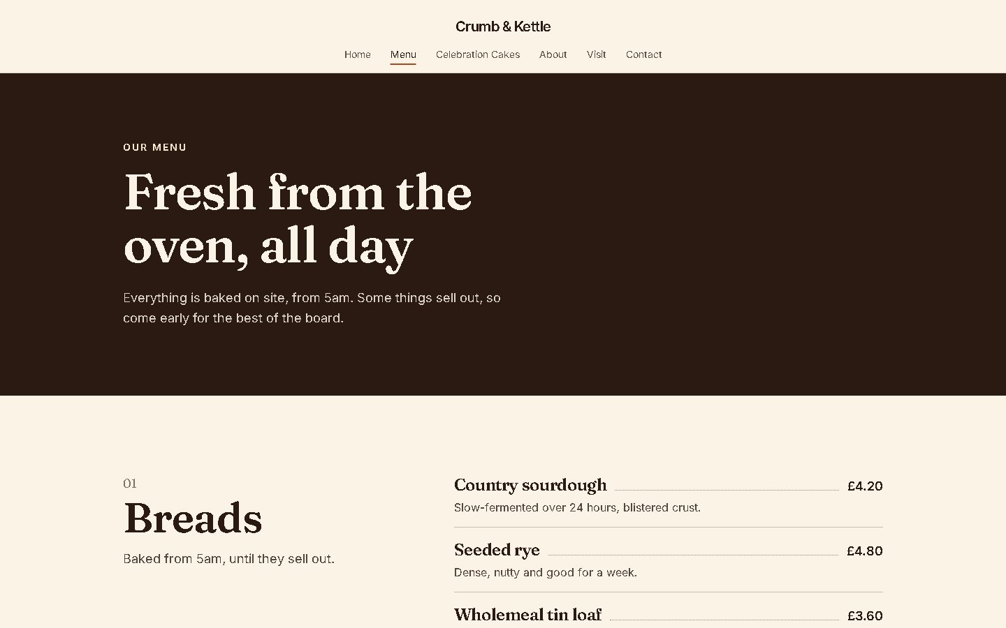 The Crumb & Kettle menu page with breads, pastries, cakes and coffee and their prices.