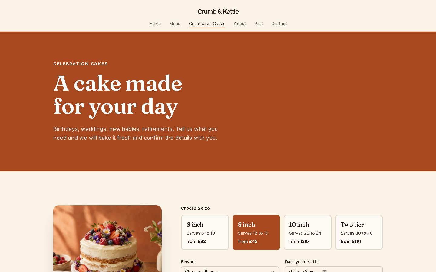 The Celebration cakes page where customers choose a size, a flavour, a date and a message.