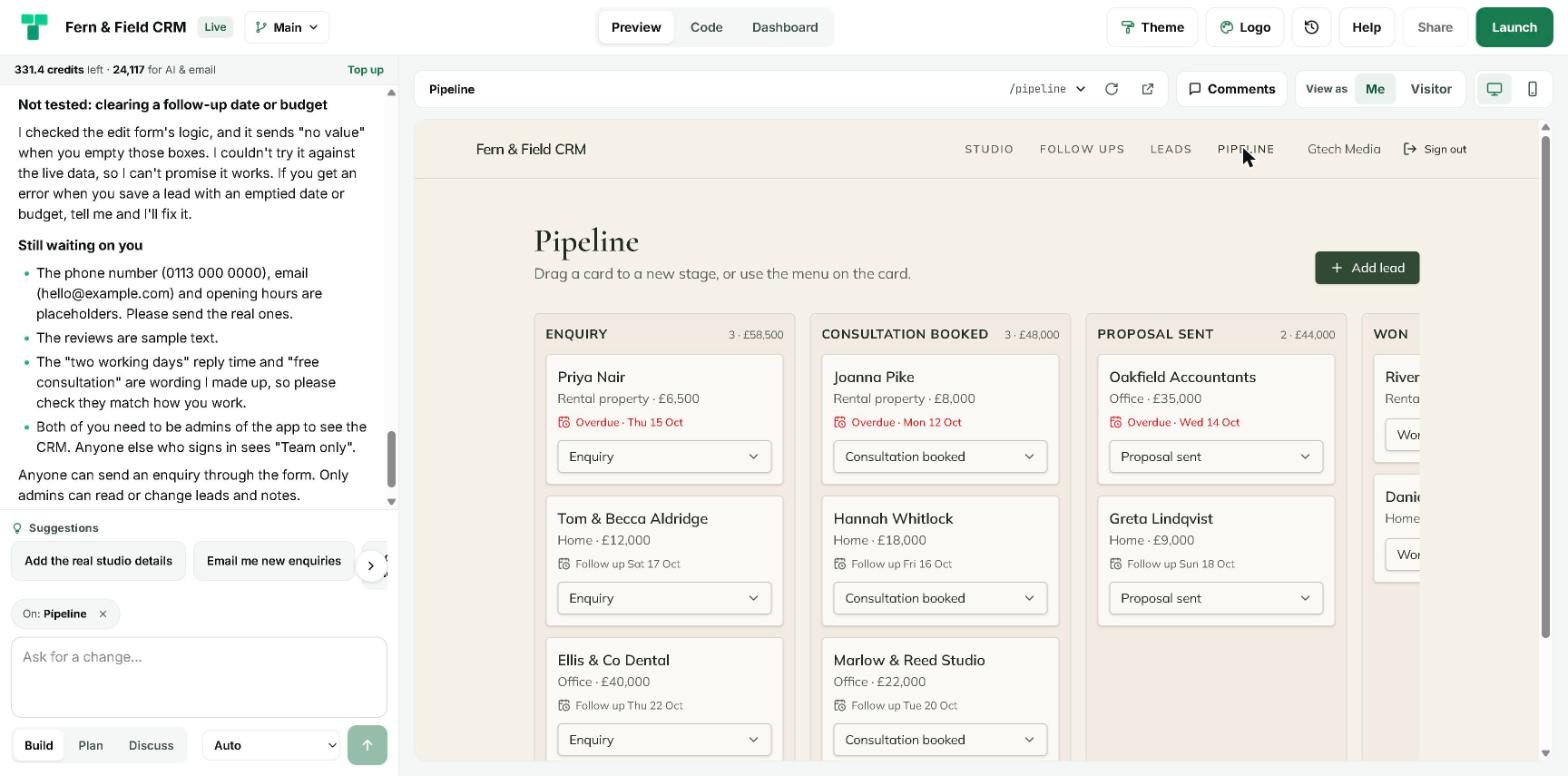 The TypeAnApp builder: the chat on the left listing what still needs the owner, and the pipeline preview on the right.