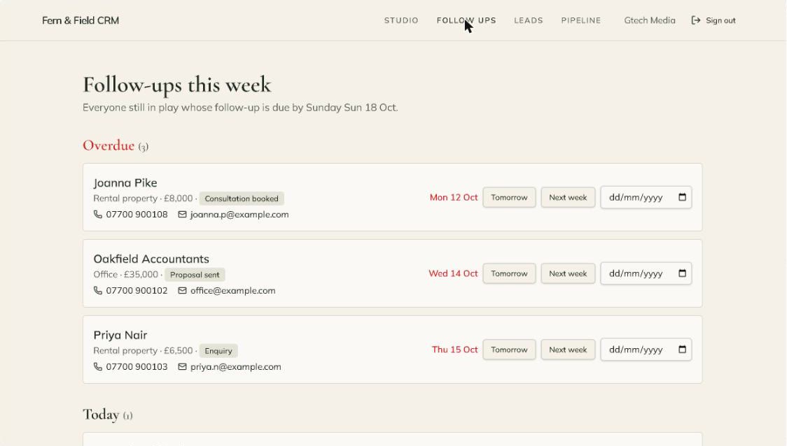 The Follow-ups this week page listing three overdue leads with phone numbers and Tomorrow and Next week buttons.