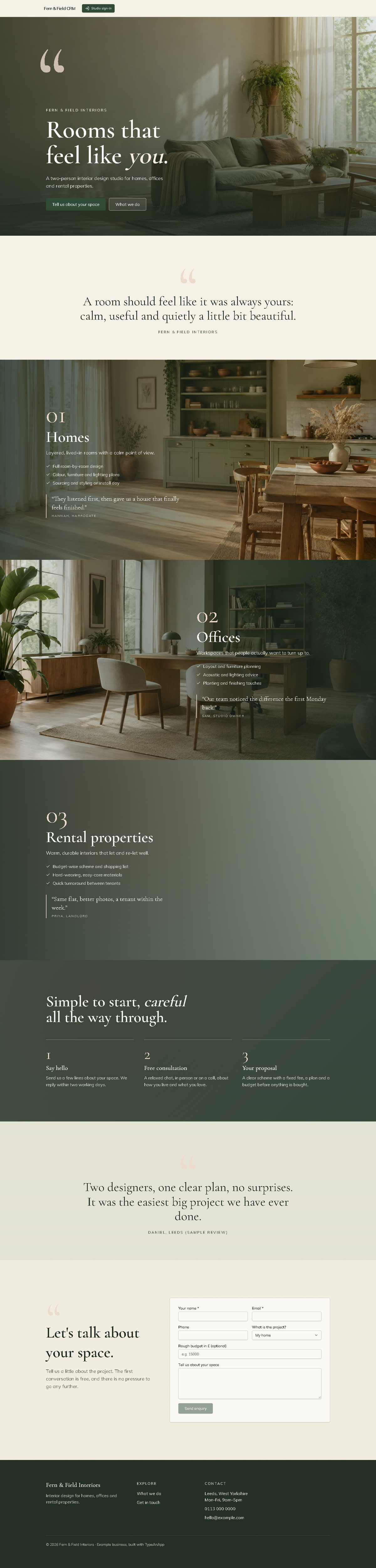 The whole Fern & Field homepage from top to bottom: hero, a quote, three service sections with room photos, how we work, a review and the enquiry form.