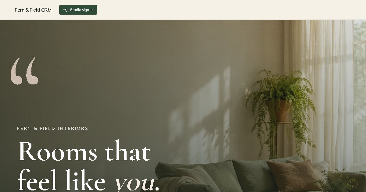 The Fern & Field Interiors homepage: a sunlit living room with a green sofa and the headline "Rooms that feel like you."