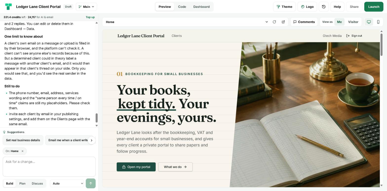 The TypeAnApp builder with the Ledger Lane homepage in the preview and the builder's "One limit to know about" note in the chat.