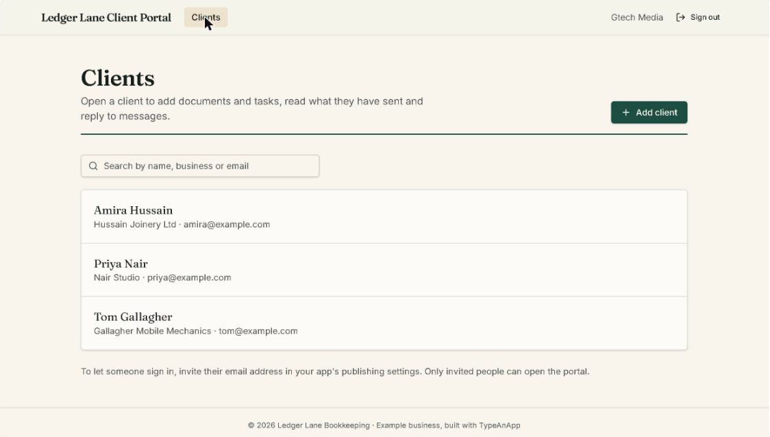 The bookkeeper's Clients page listing three sample clients with their business names and emails, a search box and an Add client button.
