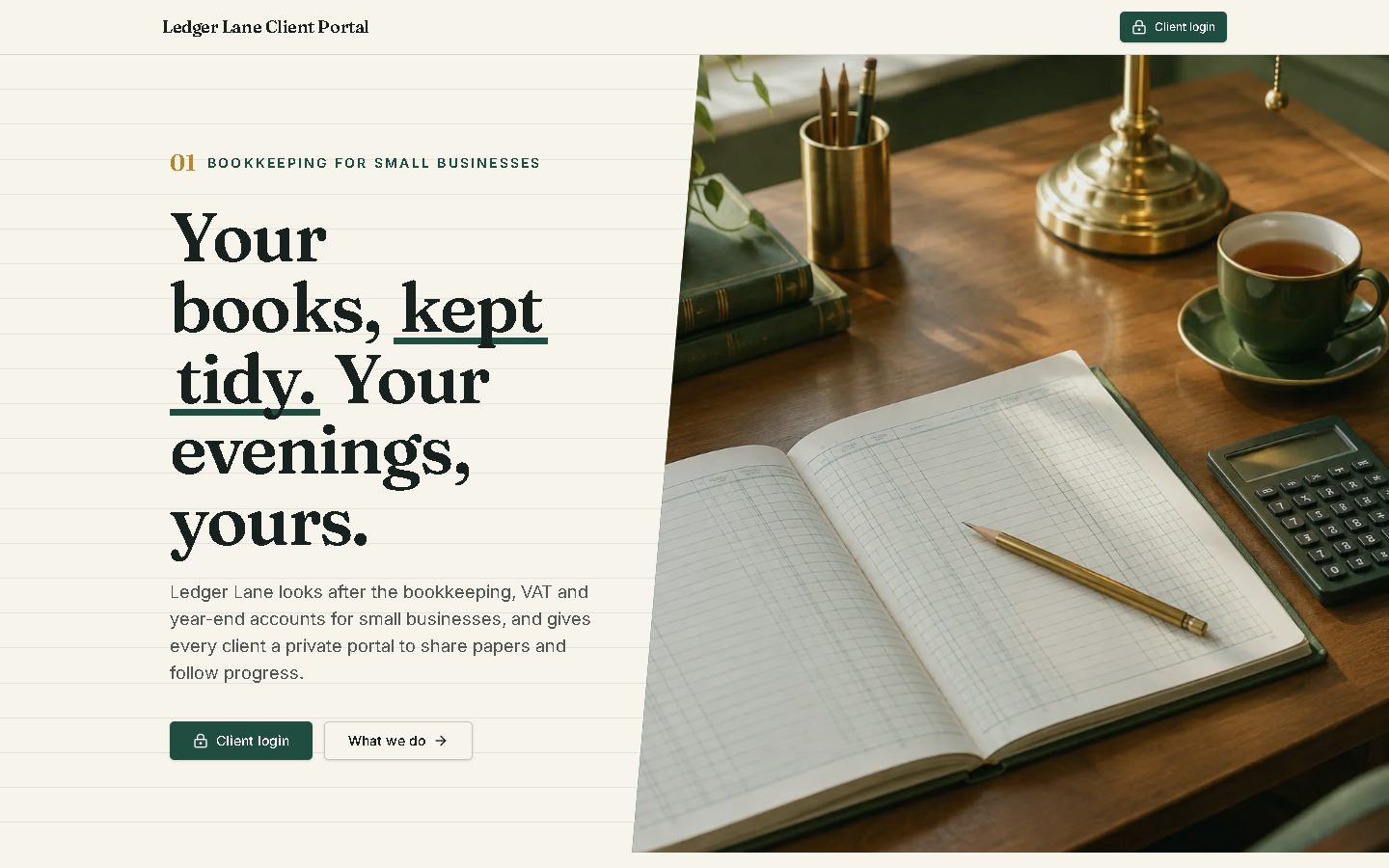 The top of the Ledger Lane homepage on a desktop screen.