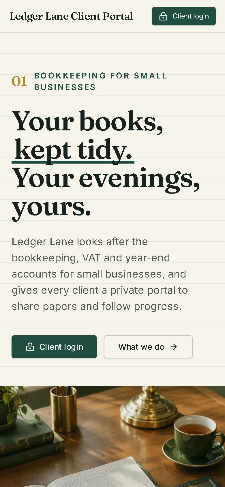 The Ledger Lane homepage on a phone.
