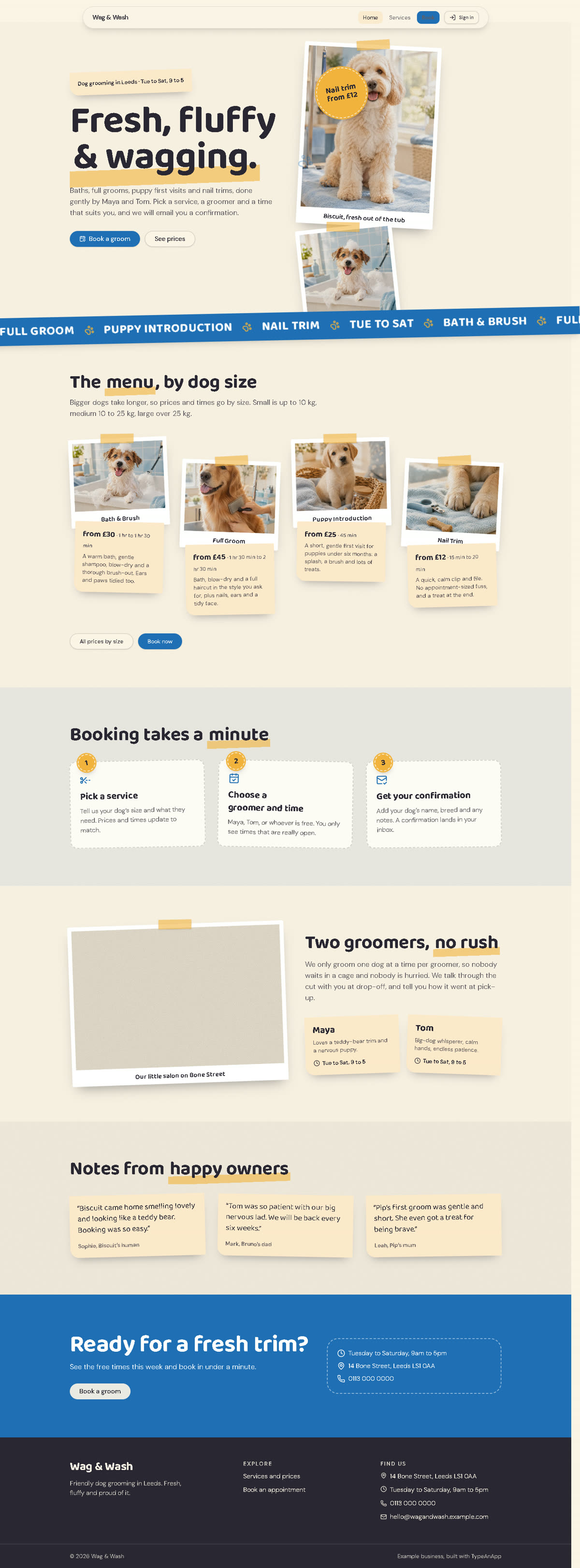 The whole Wag & Wash homepage: hero with dog photos, a blue services strip, the menu by dog size, how booking works, the two groomers, owner quotes and a blue call-to-action band.