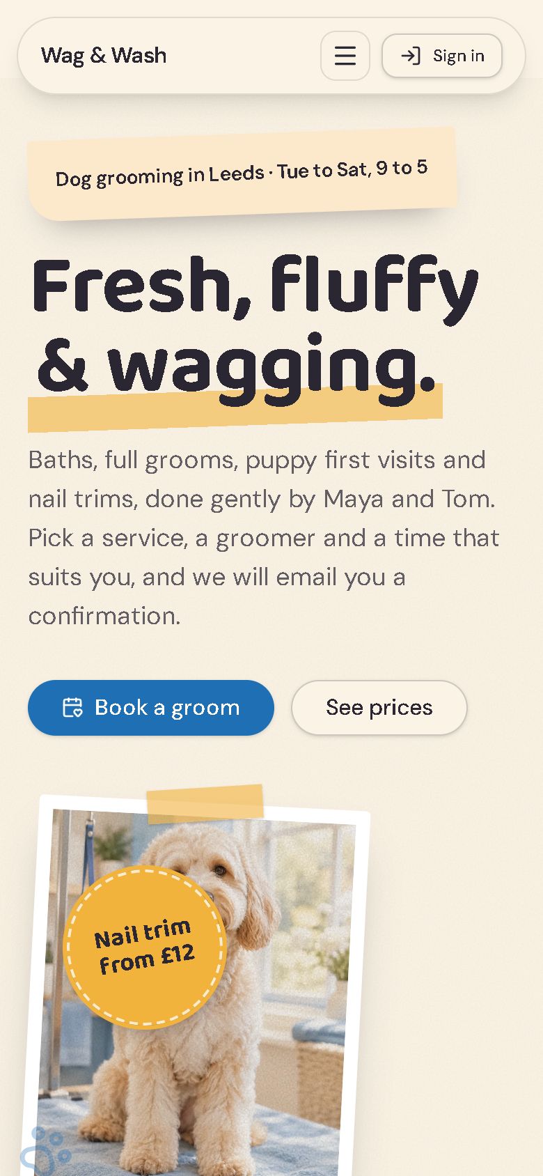 The Wag & Wash homepage on a phone with the headline and the Book a groom button.