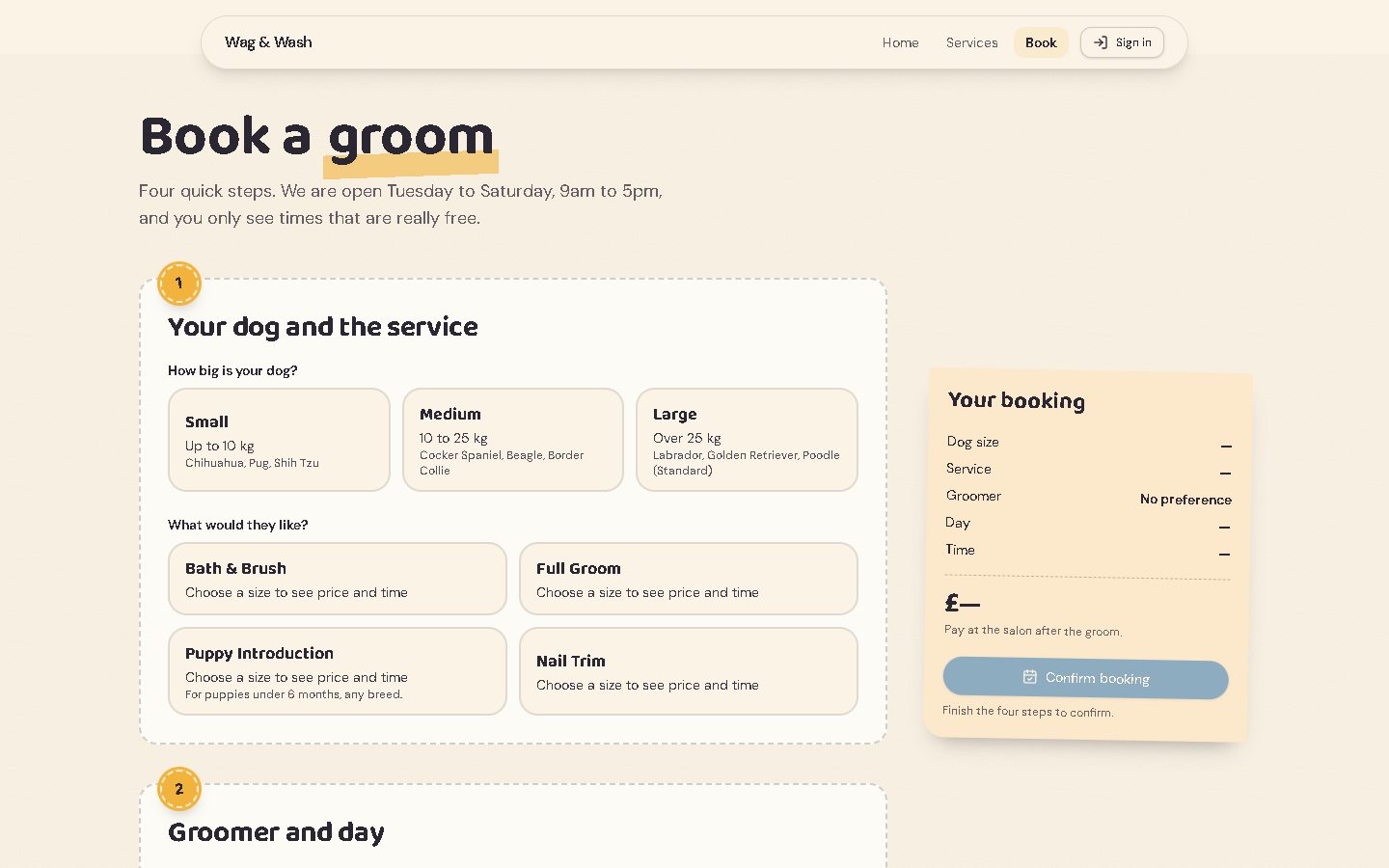 The Book a groom page: step 1 with Small, Medium and Large dog sizes and four services, and a "Your booking" summary card on the right.
