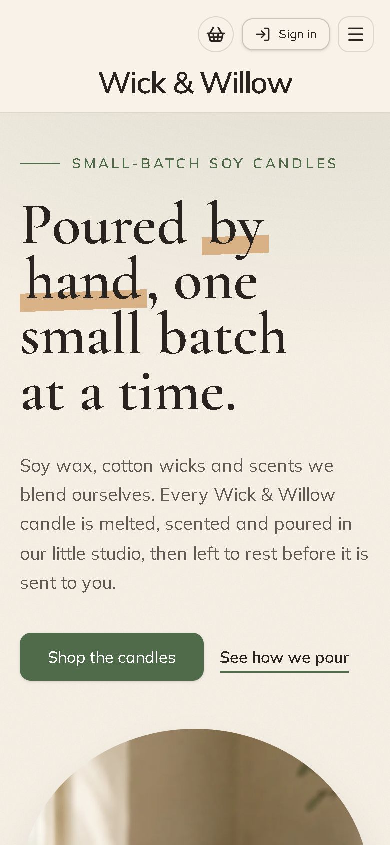 The Wick & Willow homepage on a phone.