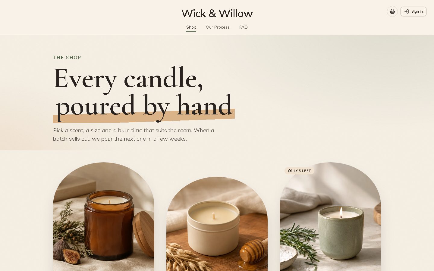 The Wick & Willow shop page: "Every candle, poured by hand" above three arch-shaped candle photos, one marked Only 3 left.