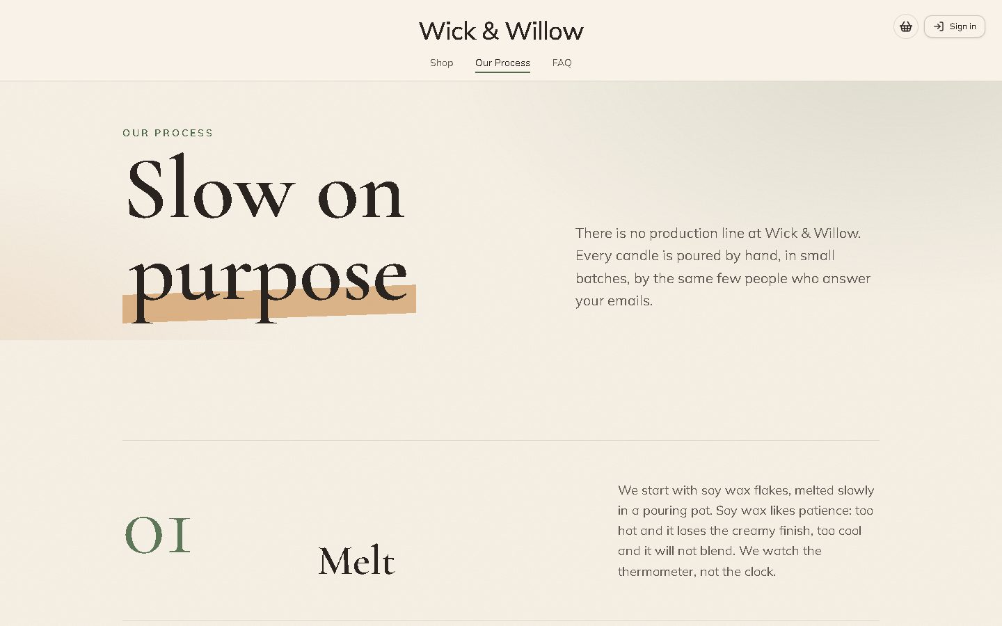 The Our Process page of Wick & Willow.