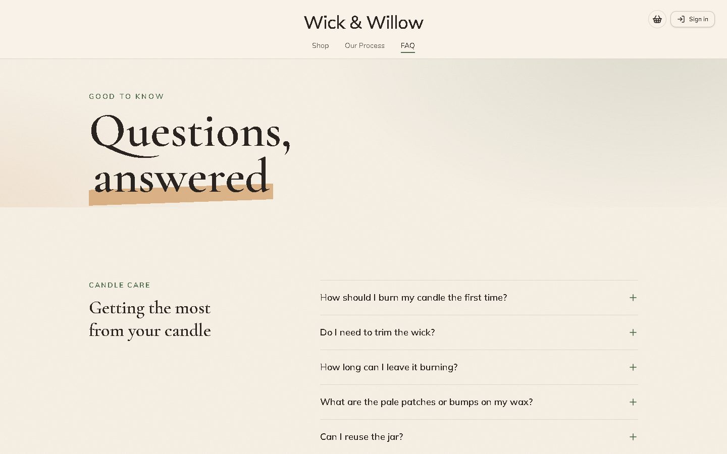 The Wick & Willow FAQ page about candle care and delivery.